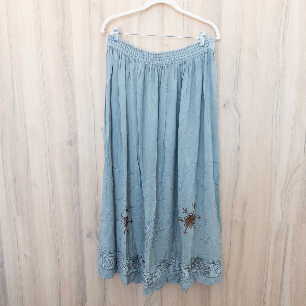 Women Embroidered Floral Maxi Skirt OS Gray Boho Cottage Fairy Hippie Peasant